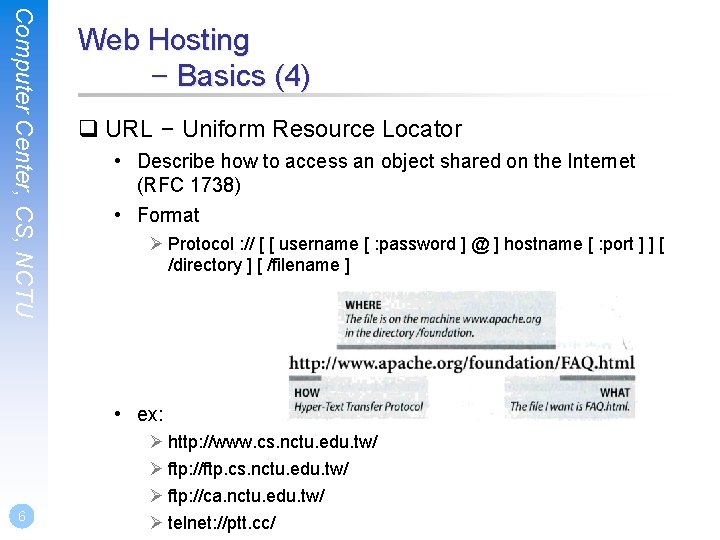 Computer Center, CS, NCTU Web Hosting – Basics (4) q URL – Uniform Resource