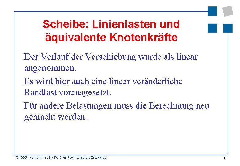 Scheibe: Linienlasten und äquivalente Knotenkräfte Der Verlauf der Verschiebung wurde als linear angenommen. Es