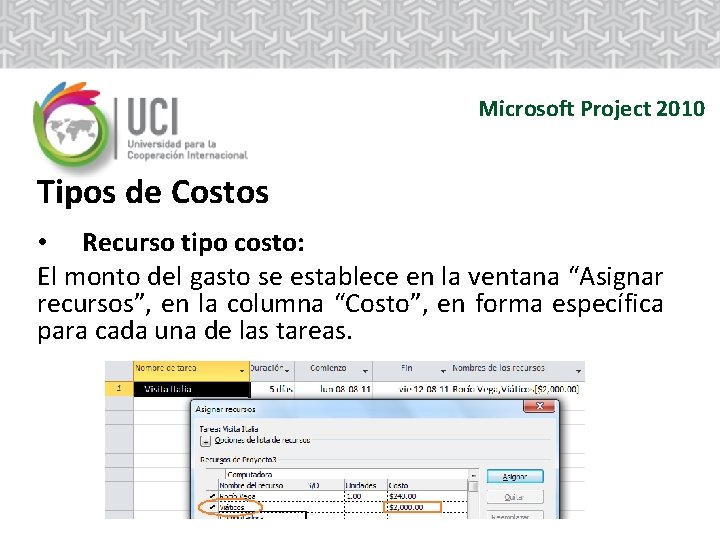 Microsoft Project 2010 Tipos de Costos • Recurso tipo costo: El monto del gasto Microsoft Project 2010 Tipos de Costos • Recurso tipo costo: El monto del gasto