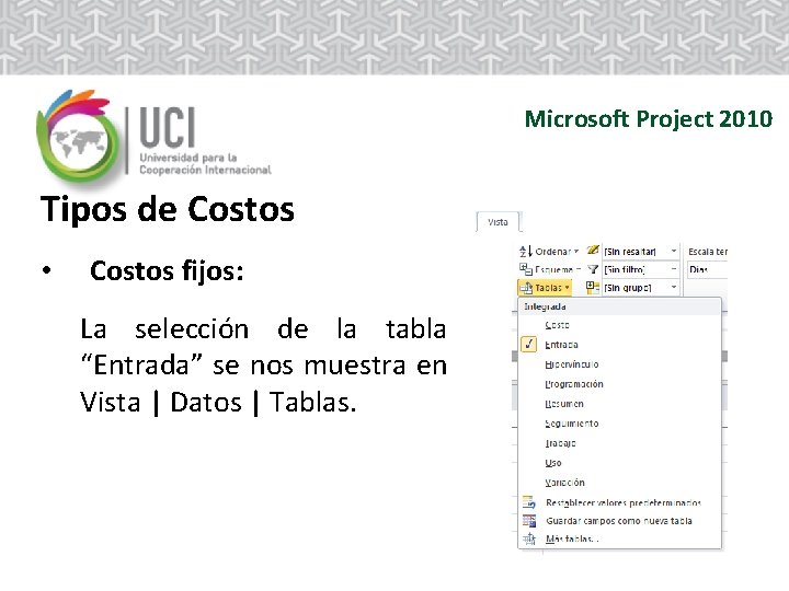 Microsoft Project 2010 Tipos de Costos • Costos fijos: La selección de la tabla