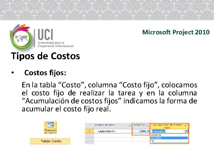 Microsoft Project 2010 Tipos de Costos • Costos fijos: En la tabla “Costo”, columna Microsoft Project 2010 Tipos de Costos • Costos fijos: En la tabla “Costo”, columna