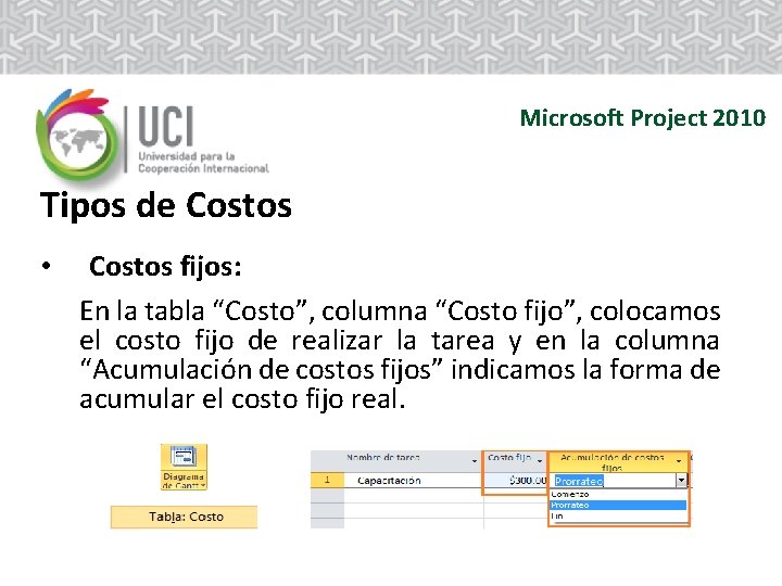 Microsoft Project 2010 Tipos de Costos • Costos fijos: En la tabla “Costo”, columna