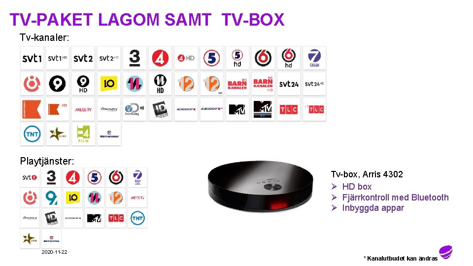 TV-PAKET LAGOM SAMT TV-BOX Tv-kanaler: Playtjänster: Tv-box, Arris 4302 Ø HD box Ø Fjärrkontroll