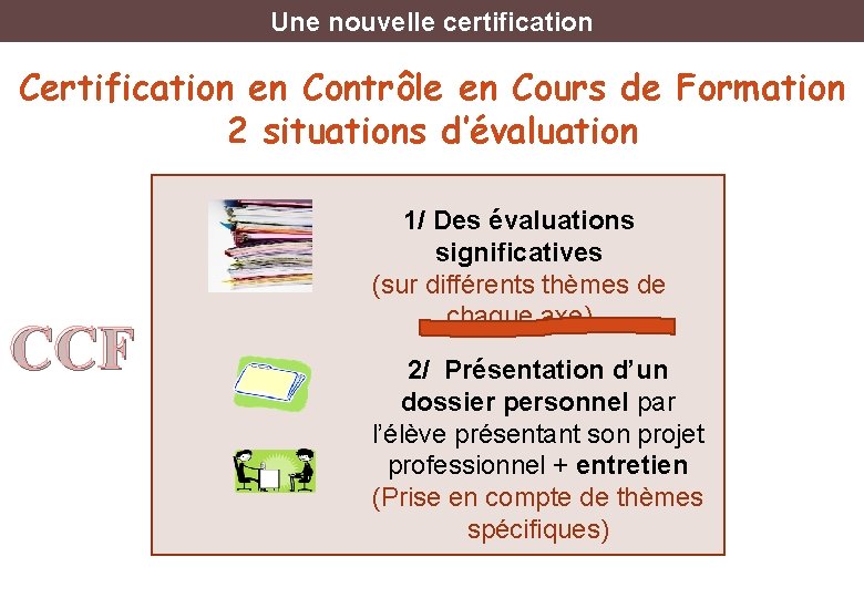 Une nouvelle certification Certification en Contrôle en Cours de Formation 2 situations d’évaluation CCF