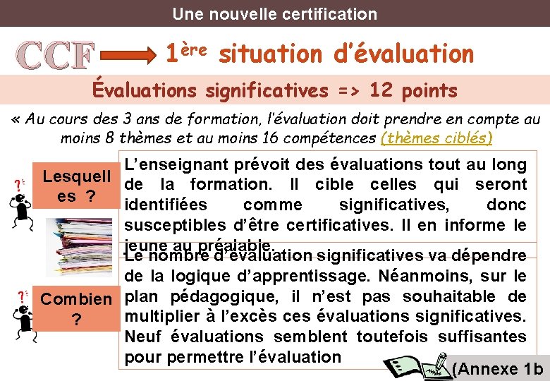 Une nouvelle certification CCF 1ère situation d’évaluation Évaluations significatives => 12 points « Au