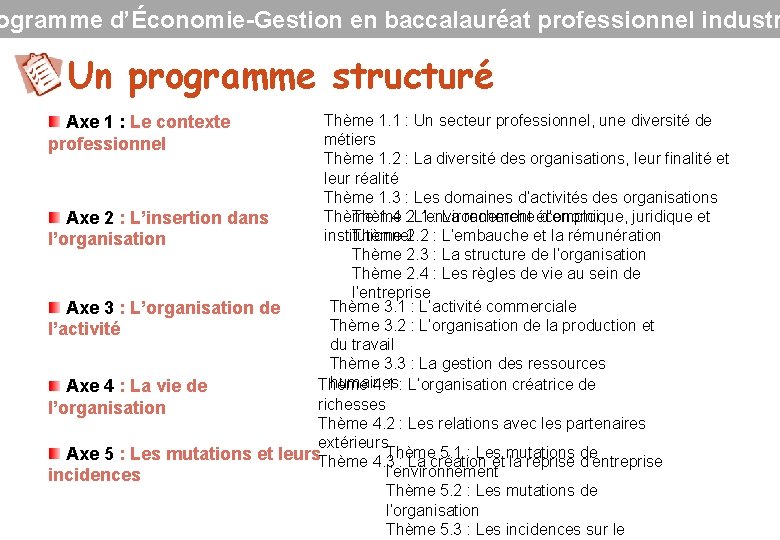 ogramme d’Économie-Gestion en baccalauréat professionnel industr Un programme structuré Thème 1. 1 : Un