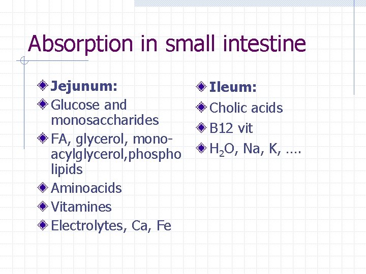 Absorption in small intestine Jejunum: Glucose and monosaccharides FA, glycerol, monoacylglycerol, phospho lipids Aminoacids