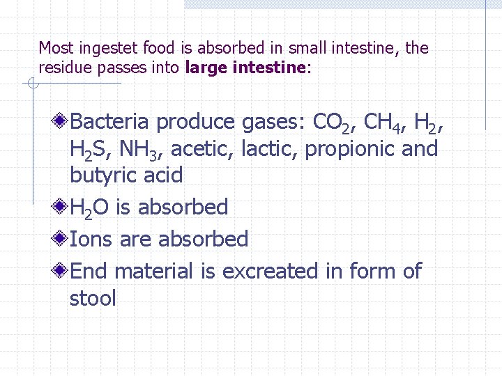 Most ingestet food is absorbed in small intestine, the residue passes into large intestine: