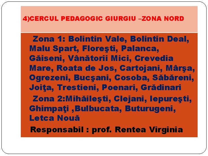 4)CERCUL PEDAGOGIC GIURGIU –ZONA NORD Zona 1: Bolintin Vale, Bolintin Deal, Malu Spart, Floreşti,