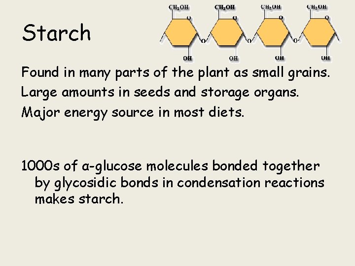 Starch Found in many parts of the plant as small grains. Large amounts in