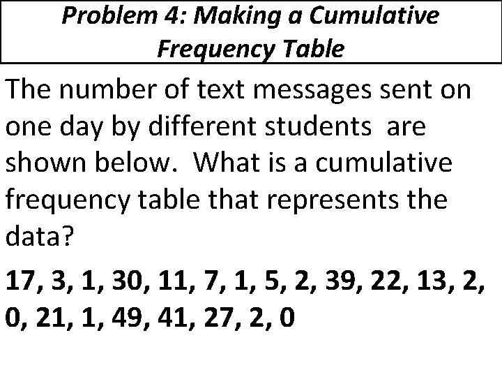 Problem 4: Making a Cumulative Frequency Table The number of text messages sent on