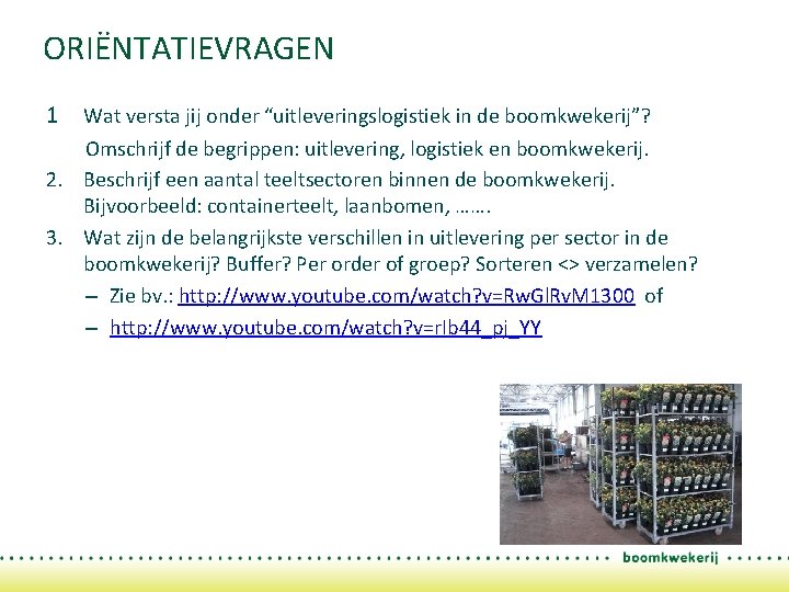 ORIËNTATIEVRAGEN 1 Wat versta jij onder “uitleveringslogistiek in de boomkwekerij”? Omschrijf de begrippen: uitlevering,