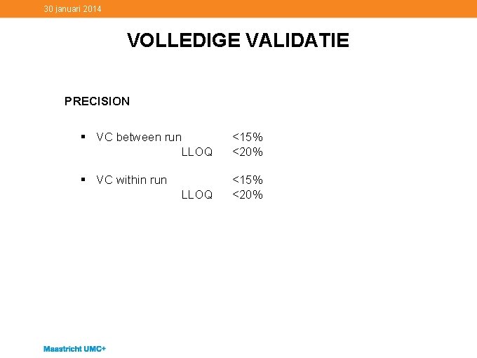 30 januari 2014 VOLLEDIGE VALIDATIE PRECISION § VC between run LLOQ <15% <20% §