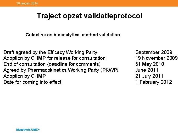 30 januari 2014 Traject opzet validatieprotocol Guideline on bioanalytical method validation Draft agreed by