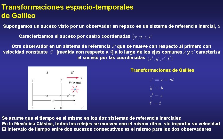 Transformaciones espacio-temporales de Galileo Supongamos un suceso visto por un observador en reposo en