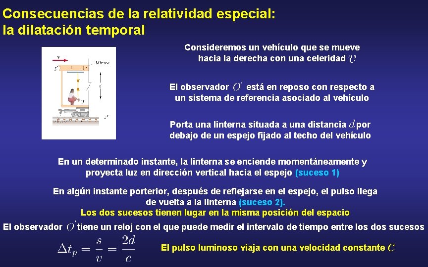 Consecuencias de la relatividad especial: la dilatación temporal Consideremos un vehículo que se mueve