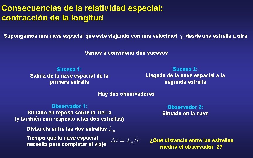 Consecuencias de la relatividad especial: contracción de la longitud Supongamos una nave espacial que