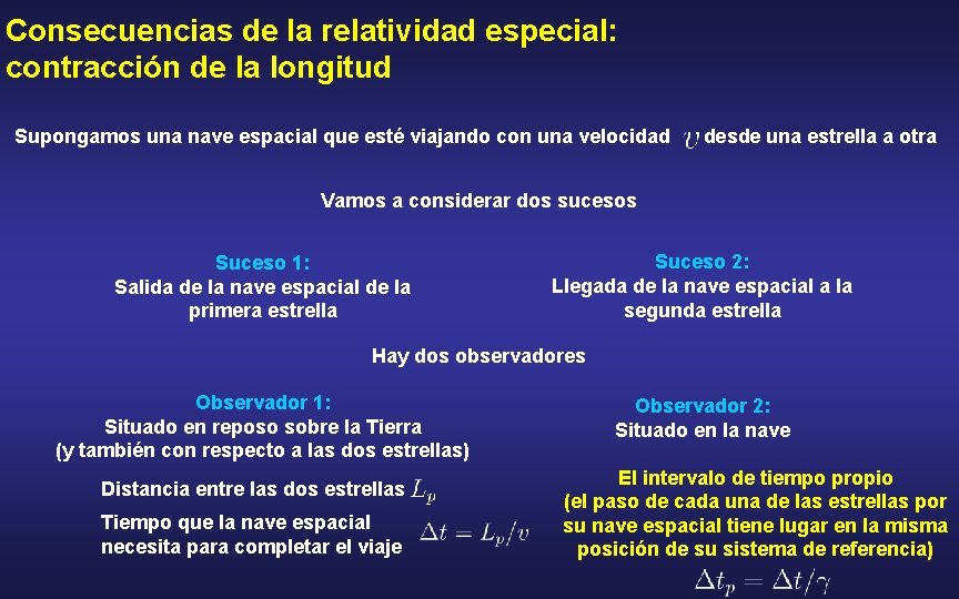 Consecuencias de la relatividad especial: contracción de la longitud Supongamos una nave espacial que