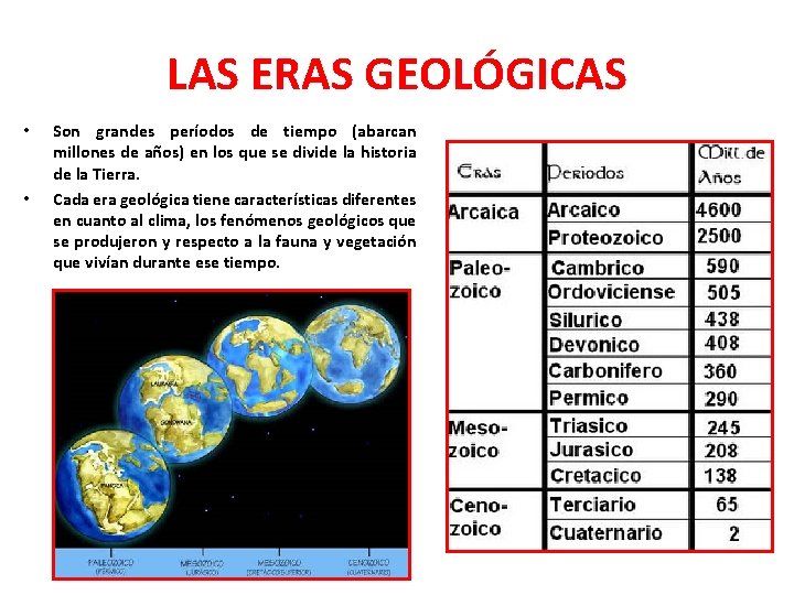 LAS ERAS GEOLÓGICAS • • Son grandes períodos de tiempo (abarcan millones de años)