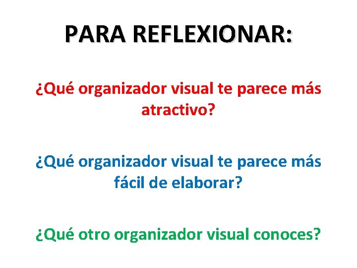 PARA REFLEXIONAR: ¿Qué organizador visual te parece más atractivo? ¿Qué organizador visual te parece