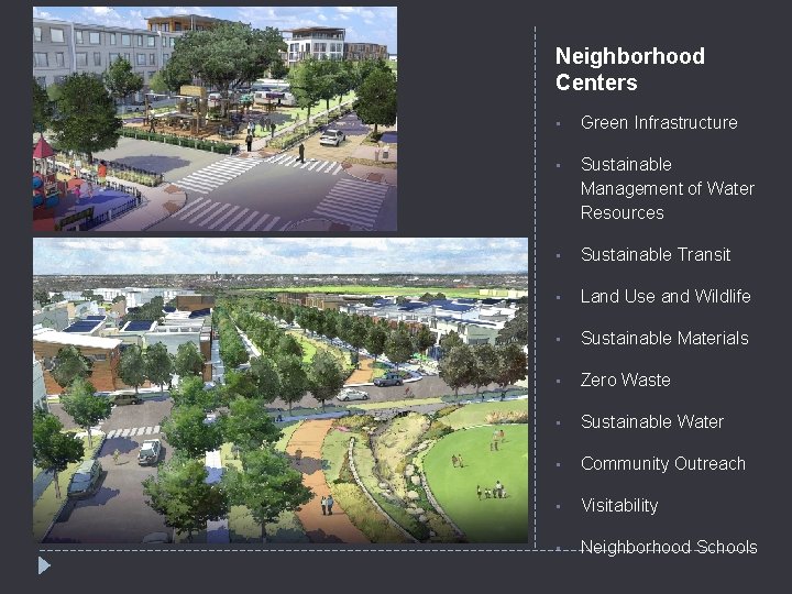 Neighborhood Centers • Green Infrastructure • Sustainable Management of Water Resources • Sustainable Transit