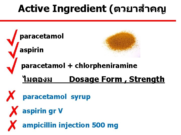 Active Ingredient (ตวยาสำคญ paracetamol aspirin paracetamol + chlorpheniramine ไมตองม Dosage Form , Strength paracetamol