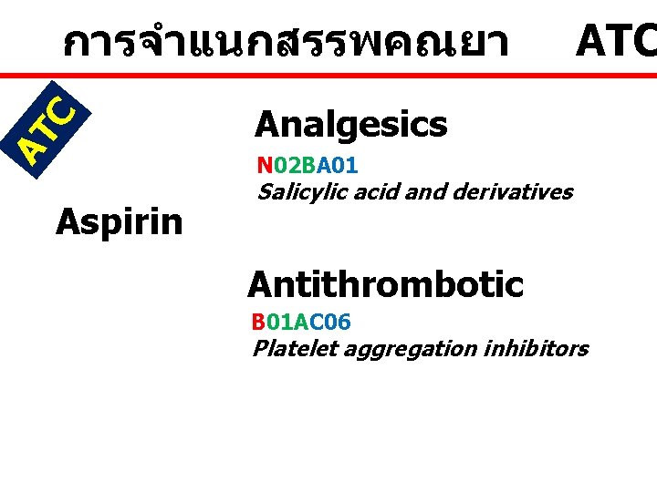 AT C การจำแนกสรรพคณยา ATC Analgesics N 02 BA 01 Aspirin Salicylic acid and derivatives