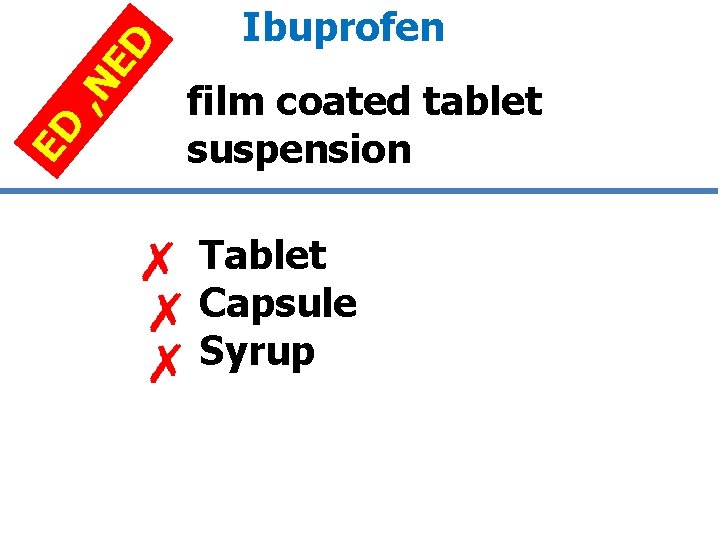 ED , N ED Ibuprofen film coated tablet suspension Tablet Capsule Syrup 
