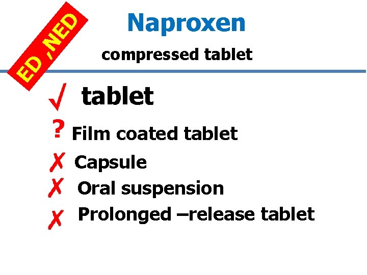 ED , N ED Naproxen compressed tablet ? Film coated tablet Capsule Oral suspension
