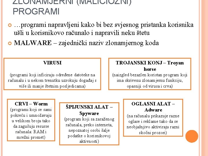 ZLONAMJERNI (MALICIOZNI) PROGRAMI …programi napravljeni kako bi bez svjesnog pristanka korisnika ušli u korisnikovo