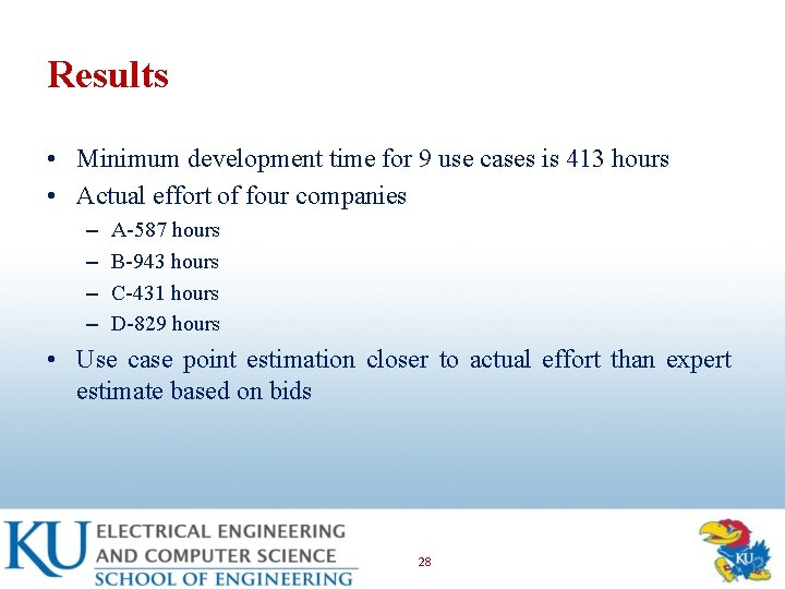 Results • Minimum development time for 9 use cases is 413 hours • Actual
