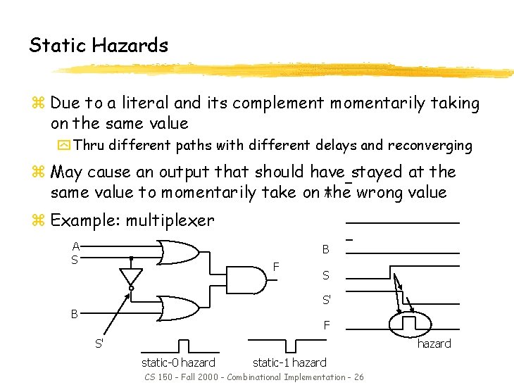 Static Hazards z Due to a literal and its complement momentarily taking on the