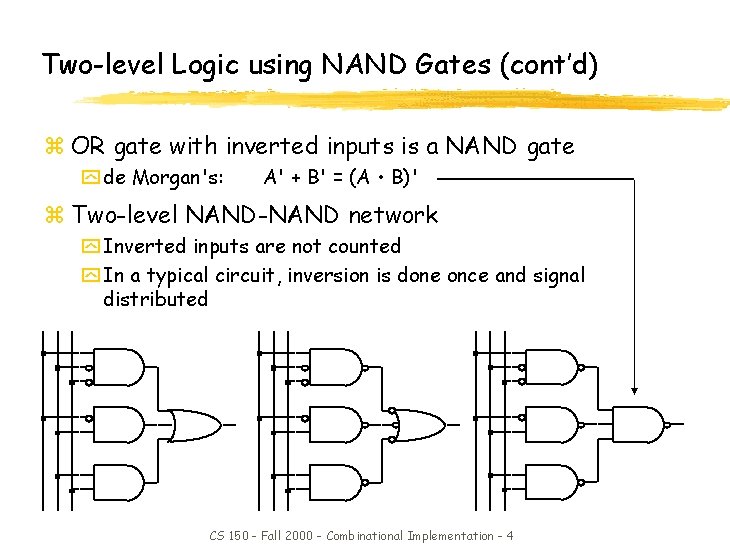 Two-level Logic using NAND Gates (cont’d) z OR gate with inverted inputs is a