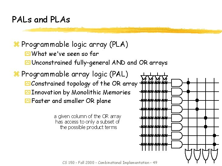 PALs and PLAs z Programmable logic array (PLA) y What we've seen so far