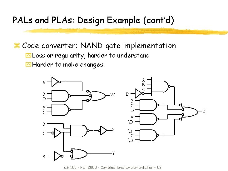 PALs and PLAs: Design Example (cont’d) z Code converter: NAND gate implementation y Loss