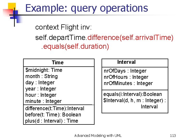 Example: query operations context Flight inv: self. depart. Time. difference(self. arrival. Time). equals(self. duration)