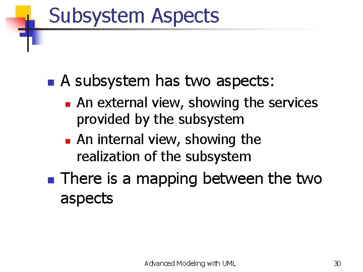 Subsystem Aspects n A subsystem has two aspects: n n n An external view,