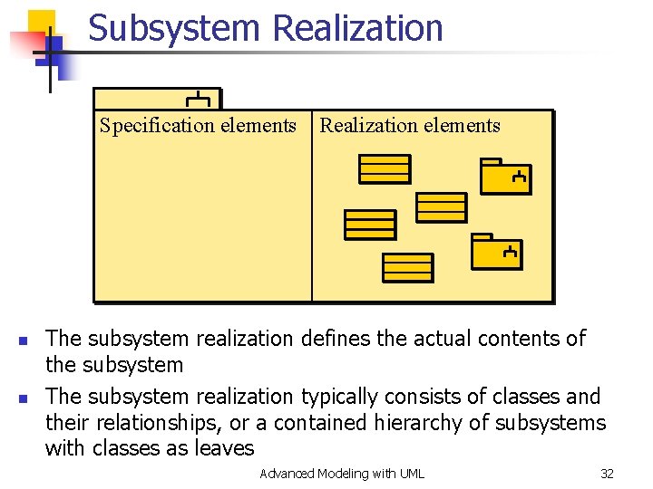 Subsystem Realization Specification elements Realization elements ? n n The subsystem realization defines the