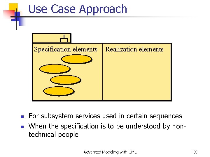Use Case Approach Specification elements n n Realization elements For subsystem services used in