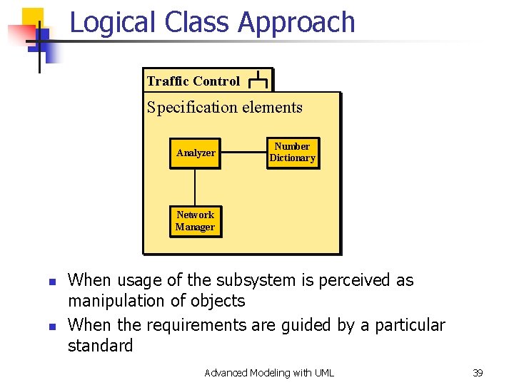 Logical Class Approach Traffic Control Specification elements Analyzer Number Dictionary Network Manager n n