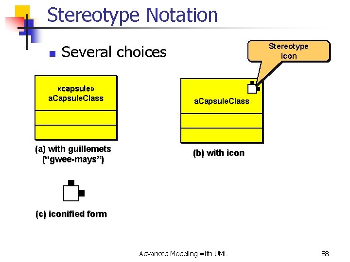 Stereotype Notation n Several choices «capsule» a. Capsule. Class (a) with guillemets (“gwee-mays”) Stereotype
