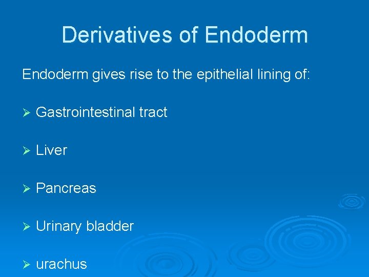 Derivatives of Endoderm gives rise to the epithelial lining of: Ø Gastrointestinal tract Ø