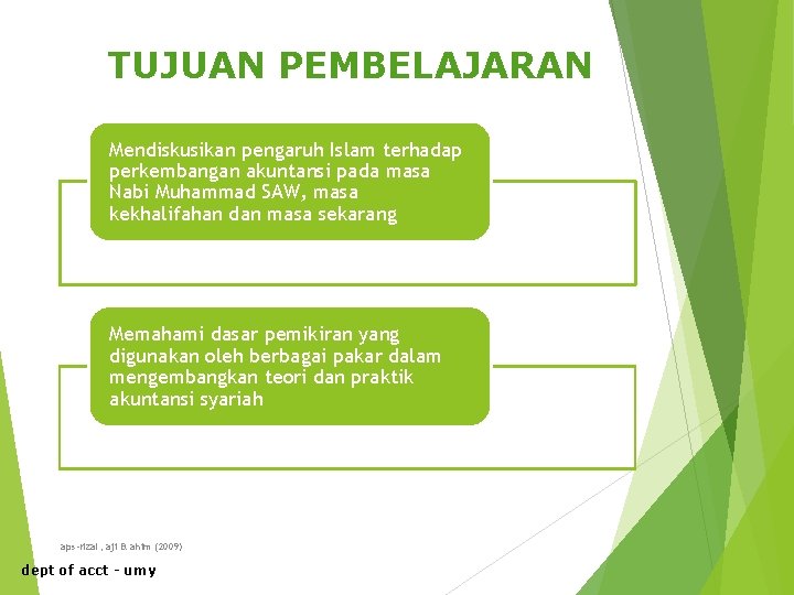 TUJUAN PEMBELAJARAN Mendiskusikan pengaruh Islam terhadap perkembangan akuntansi pada masa Nabi Muhammad SAW, masa