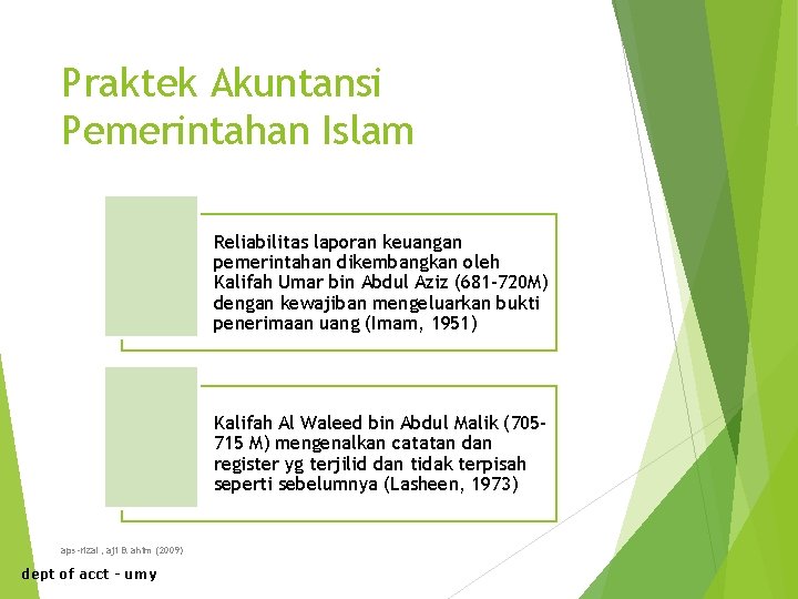 Praktek Akuntansi Pemerintahan Islam Reliabilitas laporan keuangan pemerintahan dikembangkan oleh Kalifah Umar bin Abdul