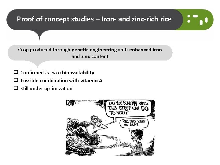 Proof of concept studies – Iron- and zinc-rich rice Crop produced through genetic engineering