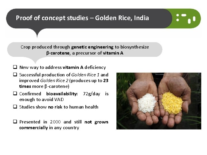 Proof of concept studies – Golden Rice, India Crop produced through genetic engineering to