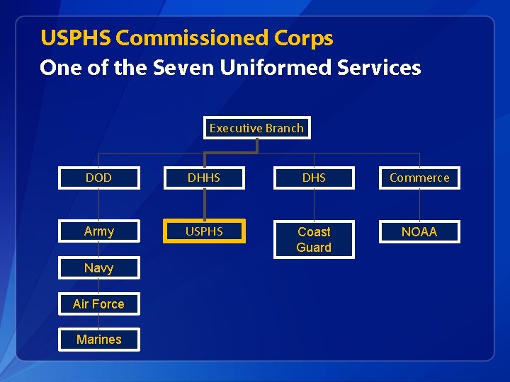 USPHS Commissioned Corps One of the Seven Uniformed Services Executive Branch DOD DHHS DHS