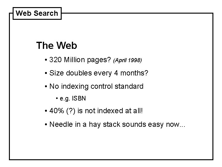 Web Search The Web • 320 Million pages? (April 1998) • Size doubles every