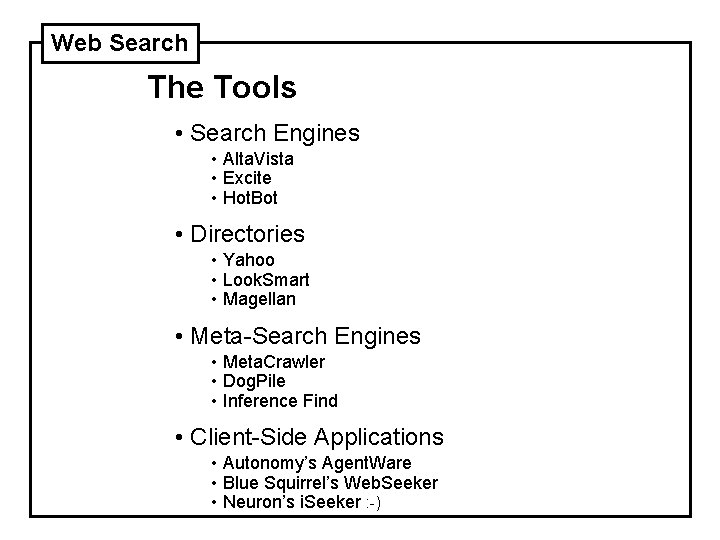 Web Search The Tools • Search Engines • Alta. Vista • Excite • Hot.