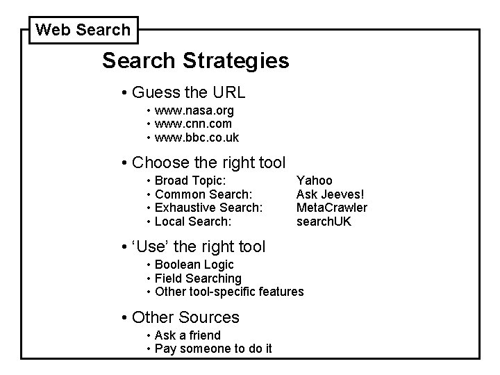 Web Search Strategies • Guess the URL • www. nasa. org • www. cnn.